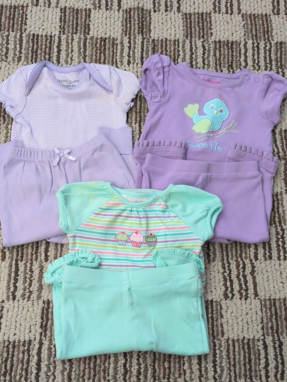 Garanimals & Faded Glory Lavender and Mint Matching Onsie & Pant Set Trio.